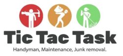 Logo for "Tic Tac Task" featuring three icons—a person with a wrench, carrying a box, and sweeping—plus the tagline "Handyman, Maintenance, Junk Removal" serving Davidson & Williamson County, TN.