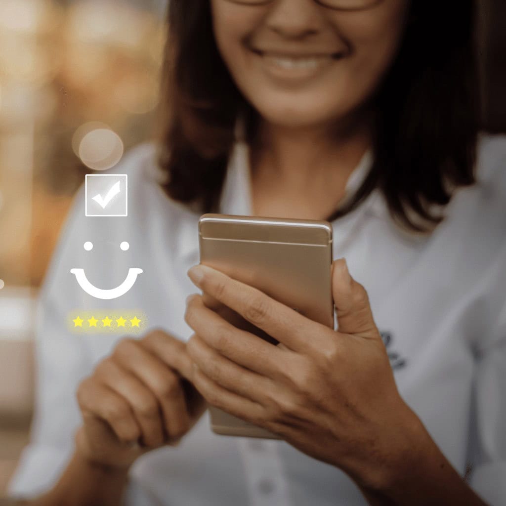 Woman writing a review on her phone.