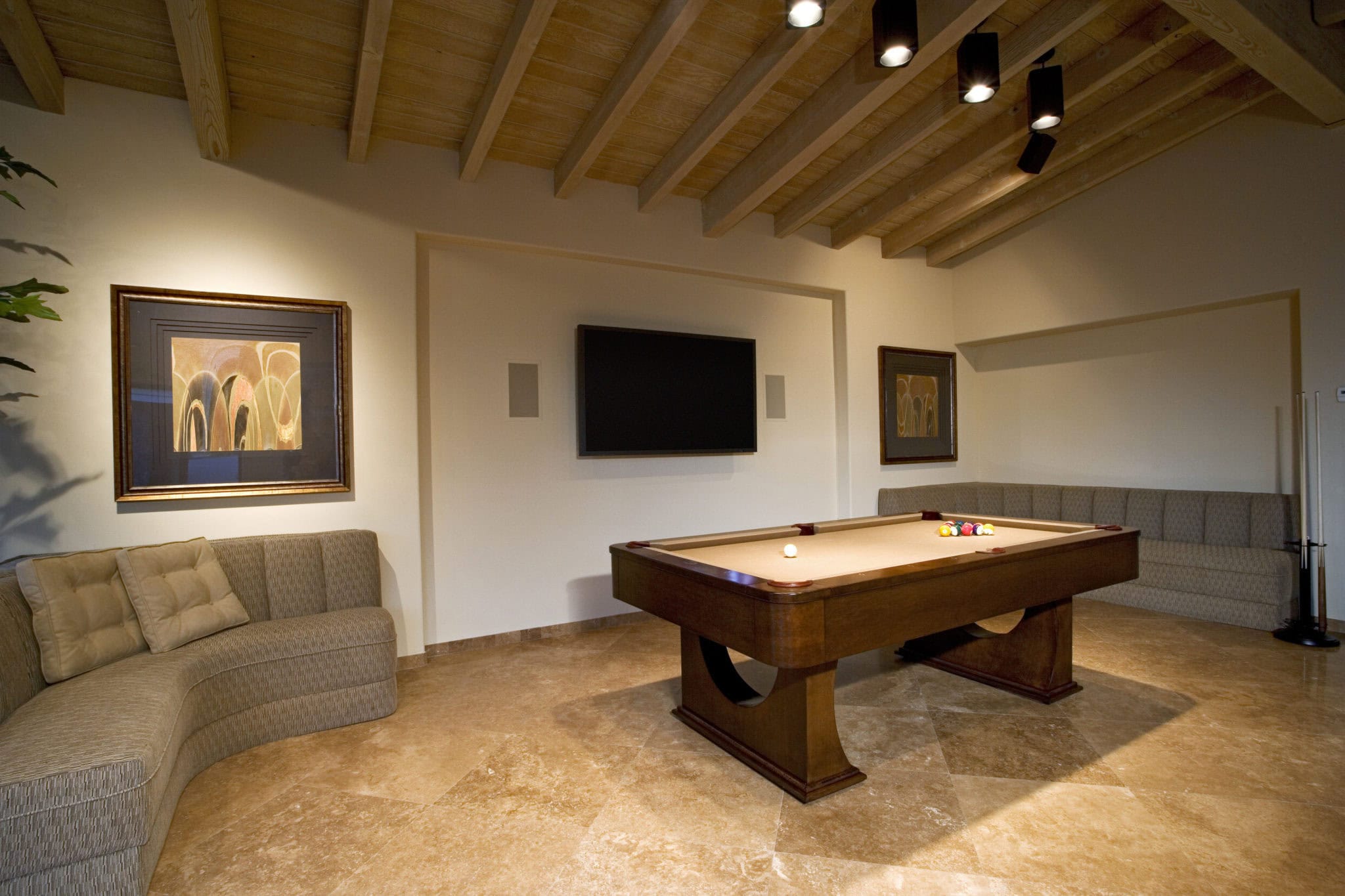 Sofas and Pool Table in Game Room