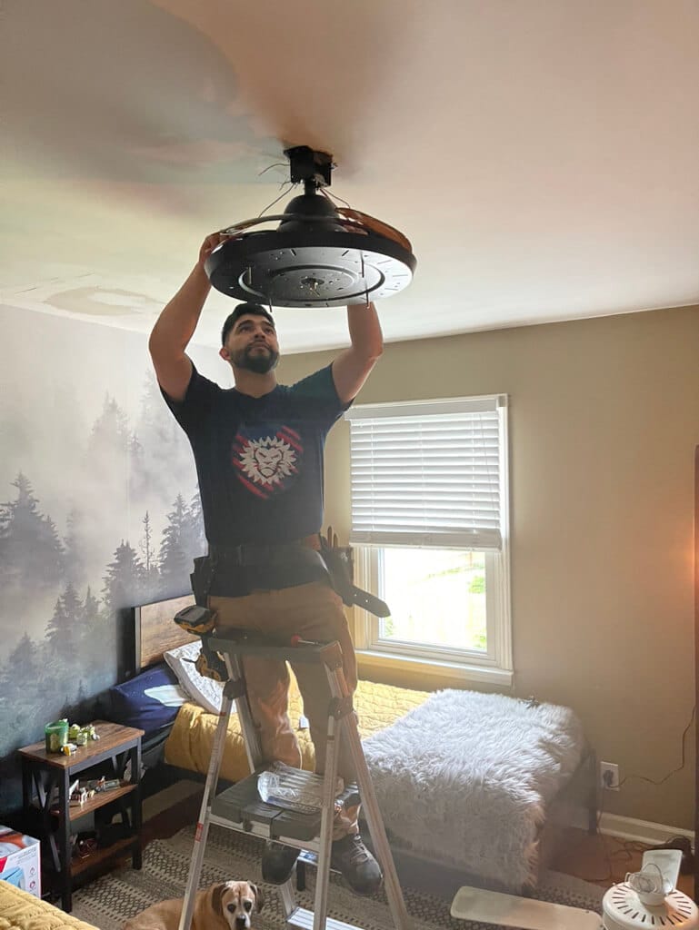 A handyman in Davidson & Williamson County, TN stands on a ladder installing or repairing a ceiling fan in a bedroom. Wearing a tool belt and wolf t-shirt, he works while his dog lies on the floor and sunlight streams through the window.